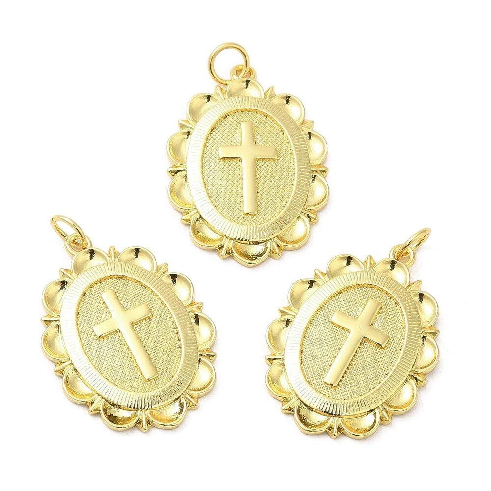 1870 10 pcs Flat Round with Cross Theme Brass Charms Real 18K Gold Plated